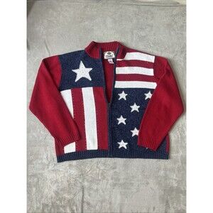 Tiara International XL Patriotic American Flag Sweater Zip Front Red White Blue